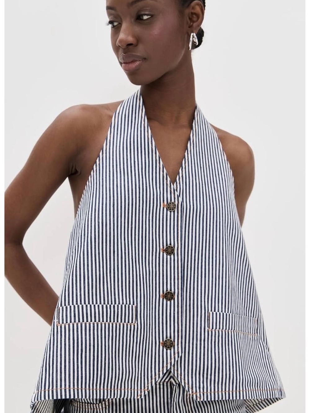 Lioness Striped Halter Button-Front Vest in Navy and White